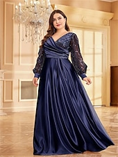 abordables VERT-Robe A-Line Grande Taille Élégante Robe Courbe De Mariage Formelle Longue Au Sol Manches Longues Col en V En Polyester Avec Plis 2025