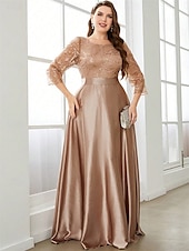 cheap YELLOW-A-Line Evening Gown Elegant Dress Formal Wedding Floor Length 3/4 Length Sleeve Crew Neck Satin with Pleats
