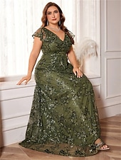 abordables VERT-Robe A-Ligne Grande Taille Élégante Robe Courbée Formelle Mariage Longue Traîne Manches Courtes Décolleté en V en Polyester Dos V avec Sequins 2025