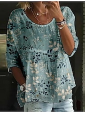 billige Blomstrete topper-Dame Bluse Blomstret Stilfull 3/4 ermer Crew-hals Vanlige topper Daglig Ferie Trykt mønster Hvit Navyblå Blå Himmelblå Kakifarget Sommer
