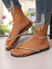 cheap Slide Sandals-Women's Pearl Embellished Flip Flop Sandals - Casual Chic Thong Flats for Daily Outings and Summer Dates