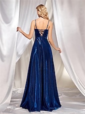 economico BLU-Abiti A-Line Quinceanera Elegante Abito Formale Matrimonio Lunghezza Rasa Pavimento Senza Maniche Spaghetti Strap Seta Con Pieghe