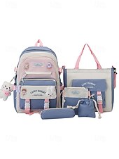 billiga Högskoleryggsäckar-5-i-1 skolryggsäcksset med plyschberlocker, lätt nylon, kawaii-stil, för flickor och tonåringar, perfekt för skolan och dagligt bruk