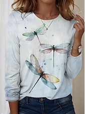 tanie Koszulka ze zwierzętami-Koszulka tunika dla kobiet 100% bawełna moda casualowa nadruk długi rękaw regularne bluzki okrągły dekolt codzienna biała wiosna jesień