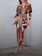 billige Boho-kjoler-Dame Midikjole Wrap-kjole Ferie Fritid Bohem utendørs Ut på byen Strand Løstsittende Blomstret Grafisk Paisly Langermet V-hals Oransje Sommer Vår