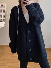 preiswerte Einfarbiger Cardigan-Damen Pullover Strickjacke Mode Einfarbig Gerippt V Ausschnitt Knöpfe Gestrickt Langarm Normale Oberteile Stricken Täglich Ferien Ausgehen Schwarz Dunkelgray Herbst