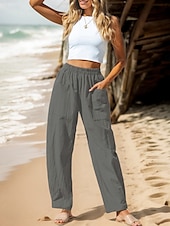 preiswerte Schlichte Hose aus Baumwollleinen-Damen Hose aus Baumwollleinen Basic Volle Länge Hohe Taille Einfach Tasche Komfort Außenbereich Mikroelastisch Urlaub Straße Lässig Schwarz Rosa Wein Marineblau Sommer Frühling Herbst Lässiger Schnitt