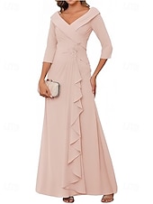 billiga Bröllopsgästklänningar-A-Linje Bröllopsgäst Klänningar Elegant Klänning Bröllopsgäst Förlovning Golvlängd 3/4 Längd Ärmar V-ringad Chiffong med Fållar Ruched Pärla
