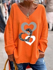 billige Kunst &amp; Design t-skjorte-Dame Bluse Hjerte Stilfull Fritid Langermet V-hals Vanlige topper Daglig Trykt mønster Svart Hvit Rosa Oransje Grønn Sommer Vår Høst
