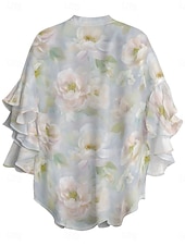 billige Blomstrete topper-Dame Bluse Blomstret Stilfull Moderne 3/4 ermer V-hals Vanlige topper Daglig Ferie Drapering Trykt mønster Lysegrønn Blå Grønn Grå Lyseblå Sommer