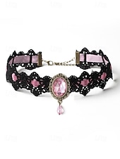 abordables Collier pour femme-Collier ras du cou gothique en dentelle pour femme avec pendentif en pierre rouge, bijou vintage en velours noir pour fête d&#039;Halloween et cosplay costumé