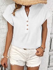abordables Hauts Unis pour Femmes-Femmes Hauts d&#039;été ancien Occasionnel Manche Courte Col en V Hauts Réguliers Quotidien Week-end Boutons Noir Blanche bleu marine Été