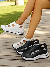 abordables Sandalias Deportivas-Sandalias deportivas blancas para mujer con diseño recortado, zapatos ligeros con cremallera para caminatas cómodas, viajes activos y recados diarios.