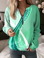 voordelige Hoodies en sweatshirts-Dames Sweatshirts met rits Grafisch Geometrisch Abstract Casual Lange mouw Strakke ronde hals Normale tops Straat Dagelijks gebruik Halve rits Afdrukken Blozend Roze blauw Paars Groen Herfst Winter