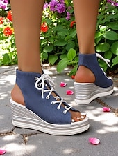 tanie Casual sandały-damskie sandały na koturnie z denimu, modne letnie buty z odkrytymi palcami, idealne na basen, wyjścia na brunch i do nadmorskich kawiarni