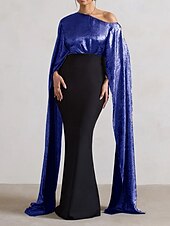 baratos PRETO-vestido de capa preto estilo sereia/trompete, elegante, formal, casamento, cauda longa/escova, um ombro só, tecido lurex, crepe elástico com detalhes franzidos 2025