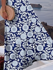 preiswerte Blumenkleider-Damen Maxikleid A Linie Kleid Schulterfreies Kleid Urlaub Lässig Boho Party Normale Passform Blumen Grafik Ärmellos Quadrathals Blau Sommer Frühling