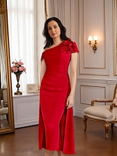 abordables Longueur du thé-Robe fourreau  colonne robe mère de la mariée robe formelle élégante vintage épaule unique longueur thé tissu extensible manches courtes avec appliques plissées robe de derby robe de jour de course