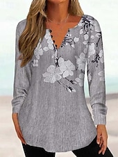 billige Tunika topper-Kvinne Tunika Skjorte Henley Skjorte Bluse Tunika Basic Blomster Knappe Print Lang Erm Regular Tops Rund Hals Casual Ferie Gul Rosa Grønn Grå Lys Blå Vår  Høst