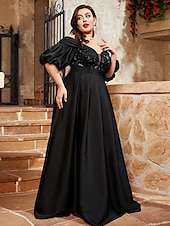 economico NERO-Abito da sera A-Line elegante formale da matrimonio lunghezza a terra maniche corte scollatura a cuore in raso con pieghe