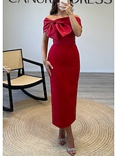 preiswerte Cocktailkleider-Rotes Etuikleid  Column Cocktailkleider Elegante Formelle Hochzeitsgast knöchellang ärmellos Off-Shoulder Satin mit Schleife(n)