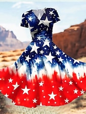 voordelige Onafhankelijkheidsdag Jurk-Patriotische Midi-jurk voor dames Jurk Pasvorm en Flair Jurk Feest Casual Dagelijks Vakantie Grafisch Vlag Sterren en Strepen Korte Mouwen V-hals Koninklijk Blauw Blauw Donker Blauw