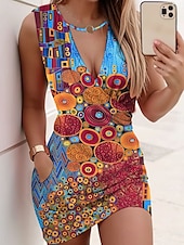 abordables Robes fleuries-Femmes Mini Robe Robe fourreau Robe Portefeuille Robe d&#039;Été Robe d&#039;été Occasionnel Quotidien Coupe régulière Fleuri Graphique Sans manches Col en V Jaune Rose Claire Rouge Bleu Été