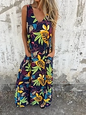 abordables Robes fleuries-Femmes Robe maxi Robe trapèze Robe Nuisette Vacances Occasionnel Boho Extérieur Sortir Coupe régulière Fleuri Sans manches Col en V Bleu Abricot Beige Été