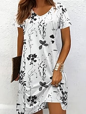 ieftine Rochii florale-Pentru femei Rochii Midi Rochii Tricou Rochie de Vară Rochie A line Vacanță Casual Stiluri de Plajă Plajă Fit regulat Floral Grafic Manșon scurt În V Negru și Alb Galben Roșu-aprins Albastru piscină