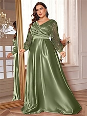 abordables VERT-Robe A-Line Grande Taille Élégante Robe Courbe De Mariage Formelle Longue Au Sol Manches Longues Col en V En Polyester Avec Plis 2025