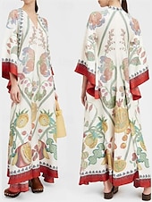 billige Boho-kjoler-Dame Lang kjole Maxikjole Swingkjole Print kjole Klassisk Moderne utendørs Ut på byen Normal Blomsternål i krystall Langermet V-hals Svart Hvit Rosa Mørkeblå Høst