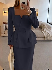 preiswerte Mamas Kleidersets-Zweiteiliges Fisch  Trompete Mutter der Braut Kleid Elegantes Peplum Kleid Set Einfach Minimalistisch Quadrat-Ausschnitt Tee Länge Krepp Stretchstoff Lange Ärmel mit einfarbig