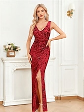 abordables Champagne-Robe de quinzième anniversaire sirène  trompette élégante robe formelle invitée de mariage longueur sol sans manches décolleté en V sequins dos en V avec fente en sequins