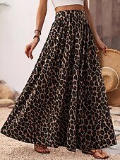 billiga Grafiska kjolar-Dam Kjol A-linje Mode Ledigt Maxi Hög midja Kjolar Leopard Mönster Microelastisk Gata Dagligen Leopard Sommar Polyester