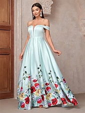 preiswerte GRÜN-A-Linie Abendkleid Elegant Kleid Formell Hochzeit Bodenlang Ärmellos Trägerlos Satin Rückenfrei mit Blumenmuster 2025