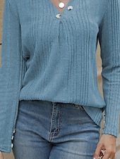 preiswerte Einfarbige Farben-Damen Bluse Einfach Modern Lässig Langarm V Ausschnitt Normale Oberteile Täglich Ausgehen Knöpfe Schwarz Blau Fuchsie Braun Grün Herbst