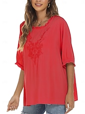 preiswerte Damen Einfache Oberteile-Damen Hemd Einfarbig Blumen Lässig Boho Dreiviertelarm Ellbogenärmel Rundhalsausschnitt Normale Oberteile Täglich Ausgehen Rüsche Bestickt Schwarz Weiß Rote Khaki Sommer