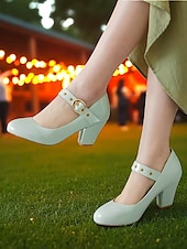 お買い得  Block Heels-カジュアルなデートに最適な、バックルストラップ付きのレディース用ホワイトパテントレザーブロックヒールメリージェーンシューズ