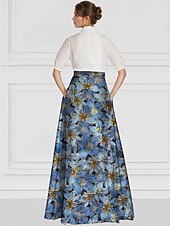 economico FLORALI-Abito da sera elegante A-Line in broccato jacquard floreale con colletto a camicia e tasca in nylon con tasca