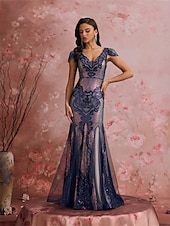 levne Polos formální / Koktejl-Mořská panna  Trumpet Šaty k Quinces Elegantní Šaty Formální Svatební Délka k podlaze Krátké rukávy V krku Polyester s flitry