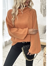 billiga Solida färger-Dam Tröja Elegant Ledigt Mjukt Ren färg Ribbad Polokrage Stickat Långärmad Vanliga toppar Sticka Utomhus Dagligen Helgen Orange Höst Vinter