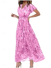 billiga Blommiga klänningar-Dam Maxiklänning A linjeklänning Semester Ledigt Boho Utomhus Utekväll Normal Blommig Kortärmad V-hals Purpur Fuchsia Orange Grå Sommar