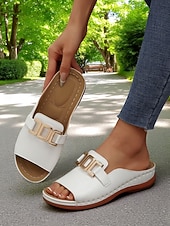 cheap Slide Sandals-Women's White Faux Leather Slide Sandals with Gold Buckle Casual Style for Garden Walks Vacation and Daily Errands