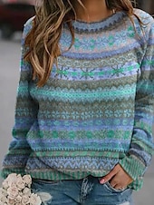 economico Motivi grafici e dettagli-Per donna Felpa Maglione Casual Morbido Floreale A Coste Girocollo Lavorato a maglia Stampato Manica Lunga Top Regolari Maglia All&#039;aperto Quotidiano Ferie Rosso Blu Autunno Inverno