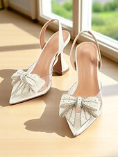 economico tacchi kitten-Scarpe con tacco a spillo bianche da donna con cinturino posteriore e fiocco di perle - décolleté trasparenti con punta affilata per un appuntamento romantico o per eleganti outfit quotidiani