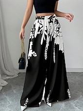 cheap Wide Leg &amp; High Waisted-Women's Wide Leg Slacks Streetwear Casual Full Length Natural Flower Elastic Waist Printing Comfy Outdoor Comfortable Holiday Weekend Black White Fall Regular Fit