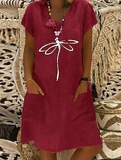 abordables Robes Bohémiennes-Femmes Robe Midi Robe en lin Robe Décontractée Robe bohème Robe Imprimée Élégant Mode Classique Manches bouffantes Vacances Fête Robe d&#039;Automne Coupe régulière Lettre Abstrait Manche Courte Col en V
