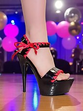 abordables Années 1980-Escarpins à talons aiguilles noirs vintage années 1980 avec nœud en satin rouge – sandales gothiques lolita sexy à talons hauts pour fêtes, spectacles et tenues de club