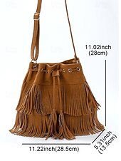 tanie Torby na ramię-damska torebka typu wiaderko ze sztucznego zamszu z frędzlami – boho torebka typu crossbody ze ściągaczem na niezobowiązujące wyjścia, festiwale i codzienne noszenie
