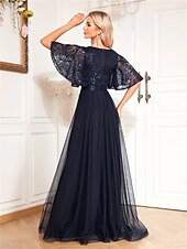 economico BLU-Abiti A-Line Quinceanera Abito Elegante Cerimonia Matrimonio Lunghezza Completa Maniche Corte V Collo Poliestere con Pieghe